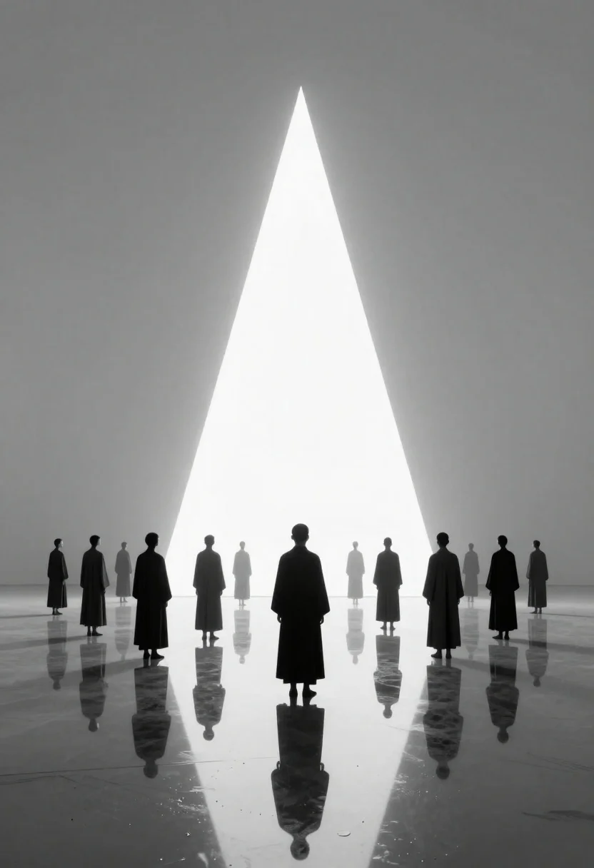 Monochromatic Digital Art Piece Depicting Surreal Landscape With Figures Standing reference photo