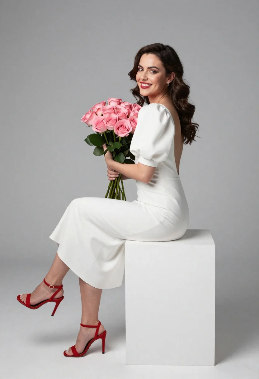 Studio Photography Smiling Woman Elegant White Backless Dress With Puffed reference photo