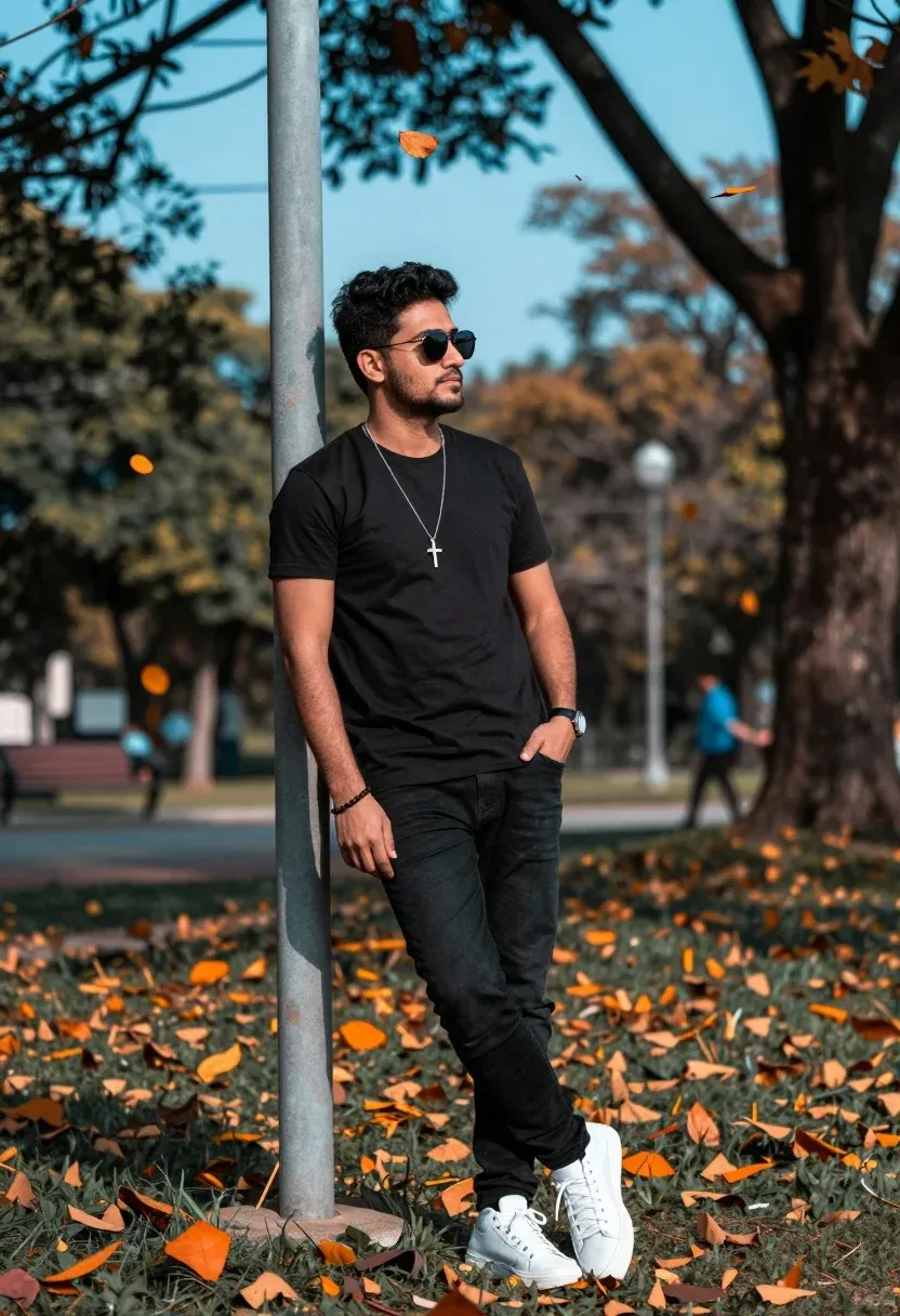 Man Stands Leaning Against Vertical Pole Outdoor Park Setting With