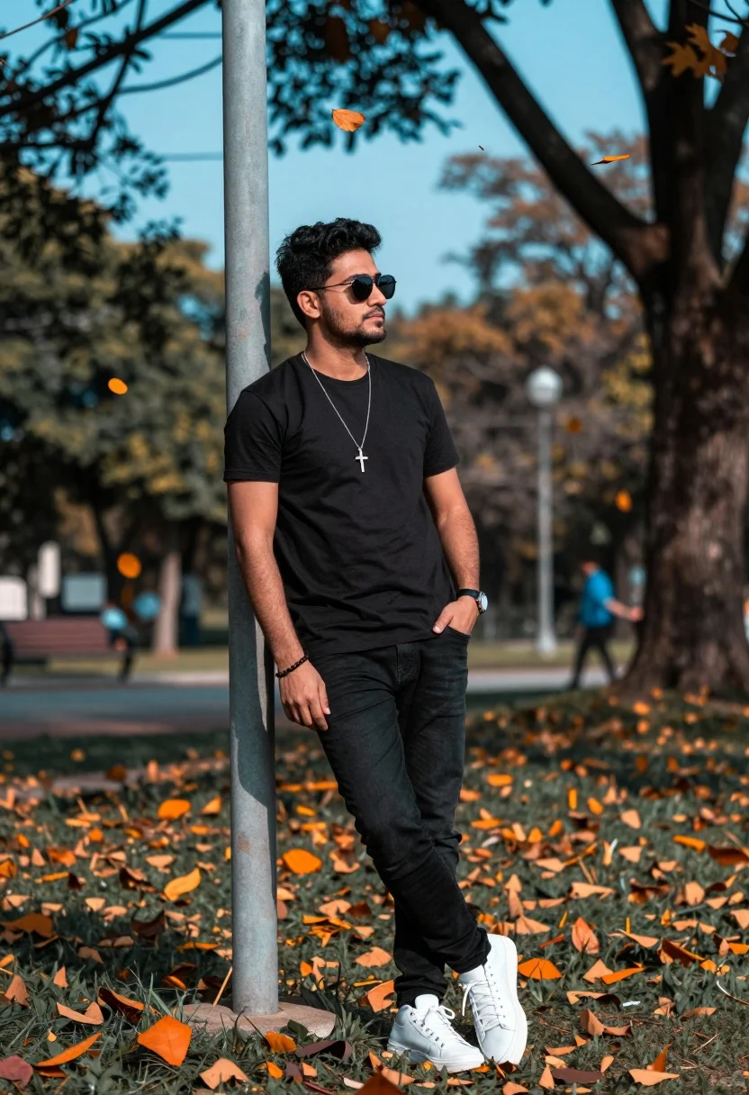 Man Stands Leaning Against Vertical Pole Outdoor Park Setting With