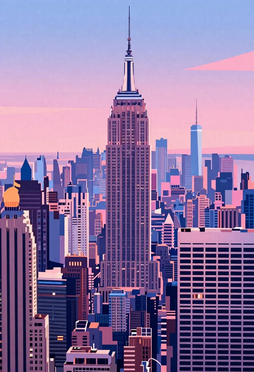 Digital Illustration Stylized Cityscape Skyline With Vibrant Pink And Blue reference photo
