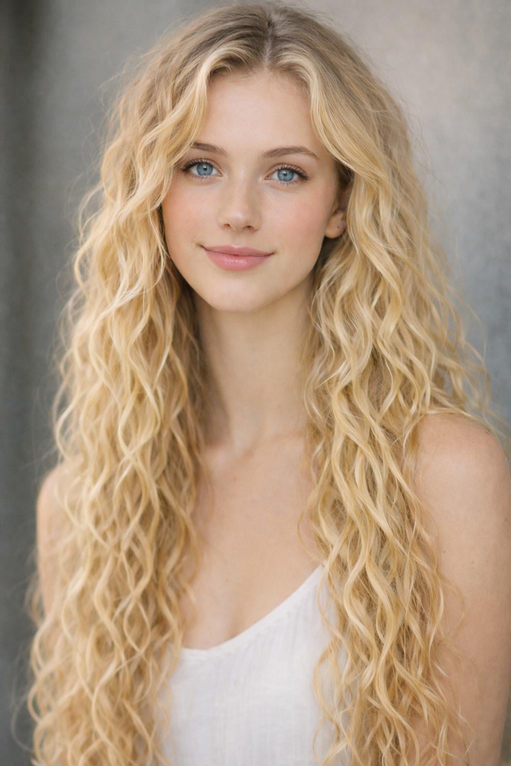 A captivating medium shot portrait of a person with long, wavy blond hair and a soft smile against a textured gray background.