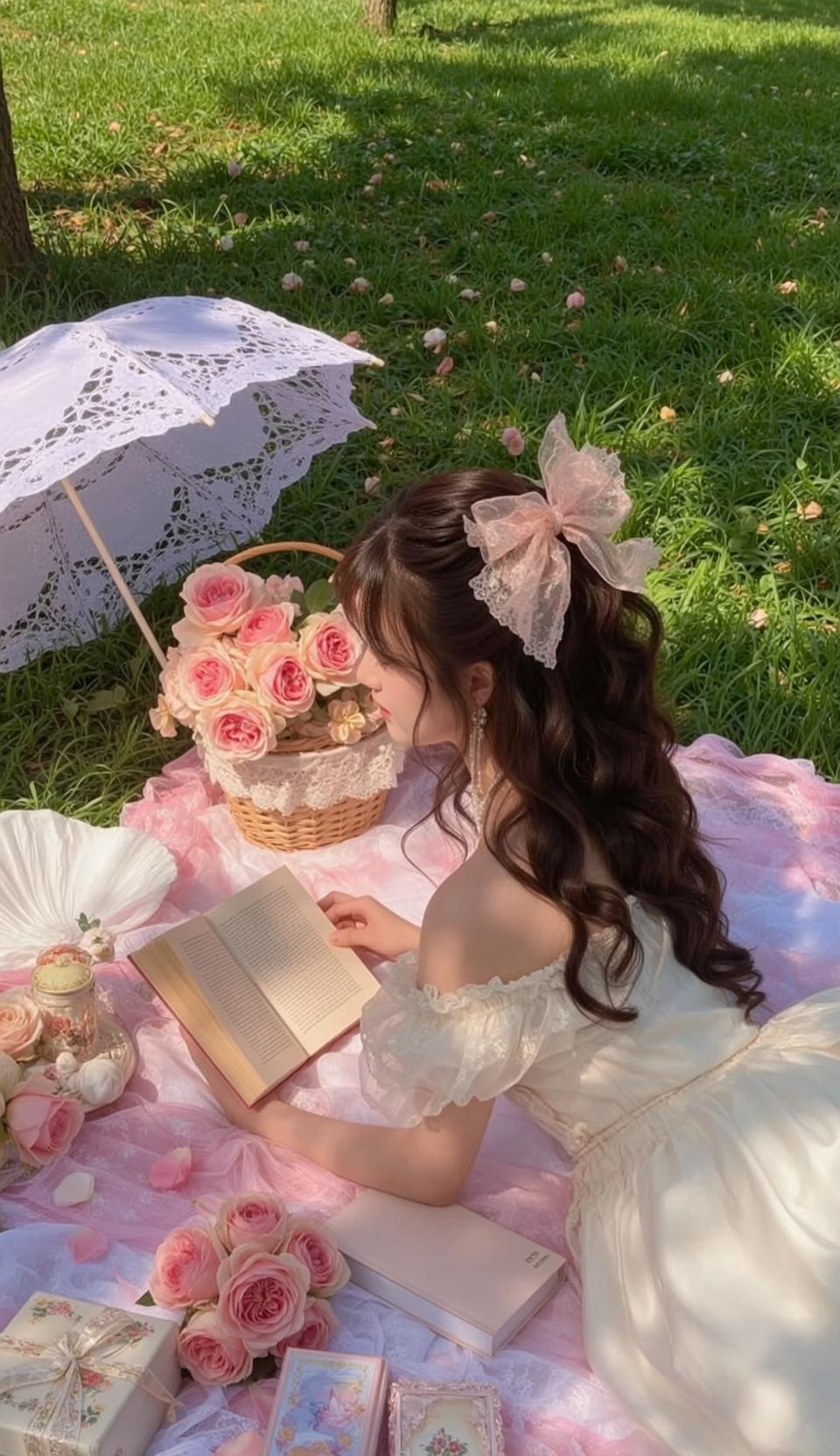 Cottagecore Lying Her Side Pink White Lace-covered