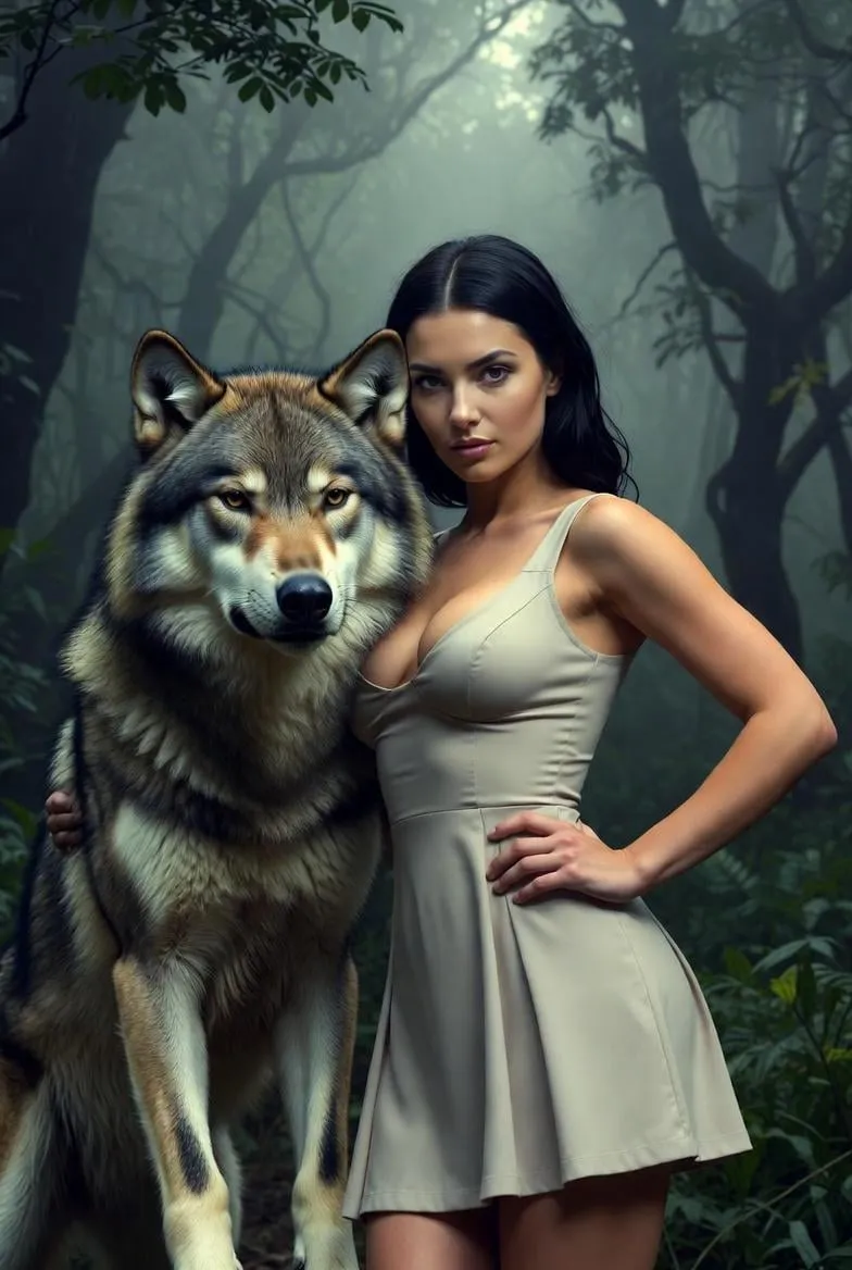 Stands In Misty Forest Beside Large Wolf Framed Full Body
