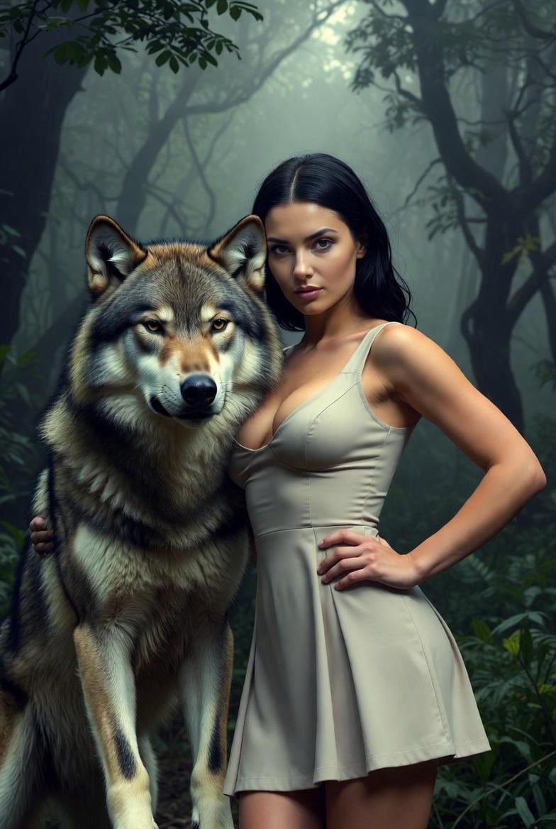 Stands In Misty Forest Beside Large Wolf Framed Full Body