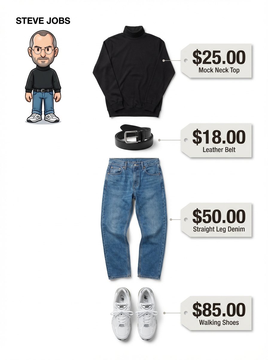 Realistic fashion infographic displaying a neatly arranged outfit breakdown with price tags.