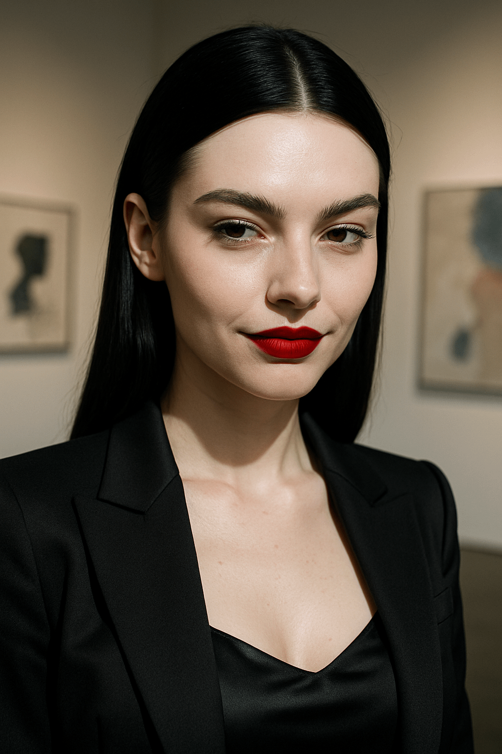 Close-up portrait of a person in a black blazer with red lipstick, set against a softly blurred art gallery background.