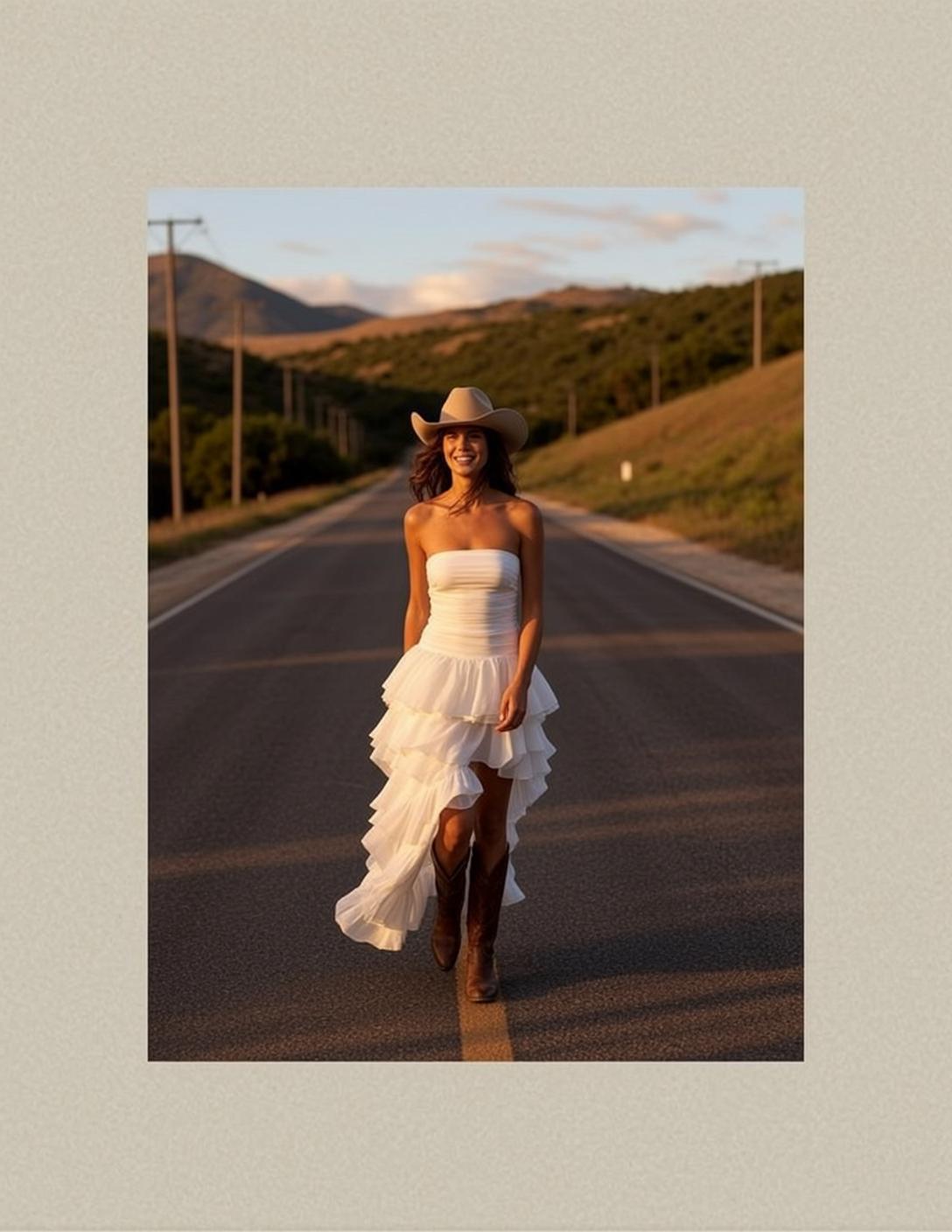 Cowgirl Walking Directly Towards Empty Asphalt Road