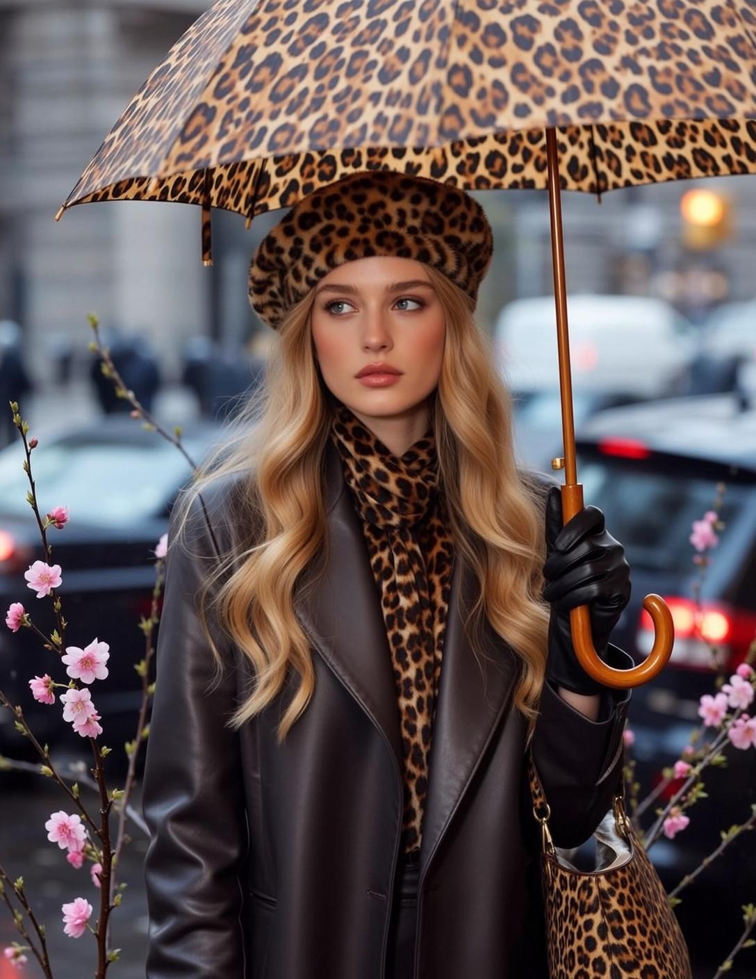 Leopard Umbrella Leather Trench Coat Outdoors