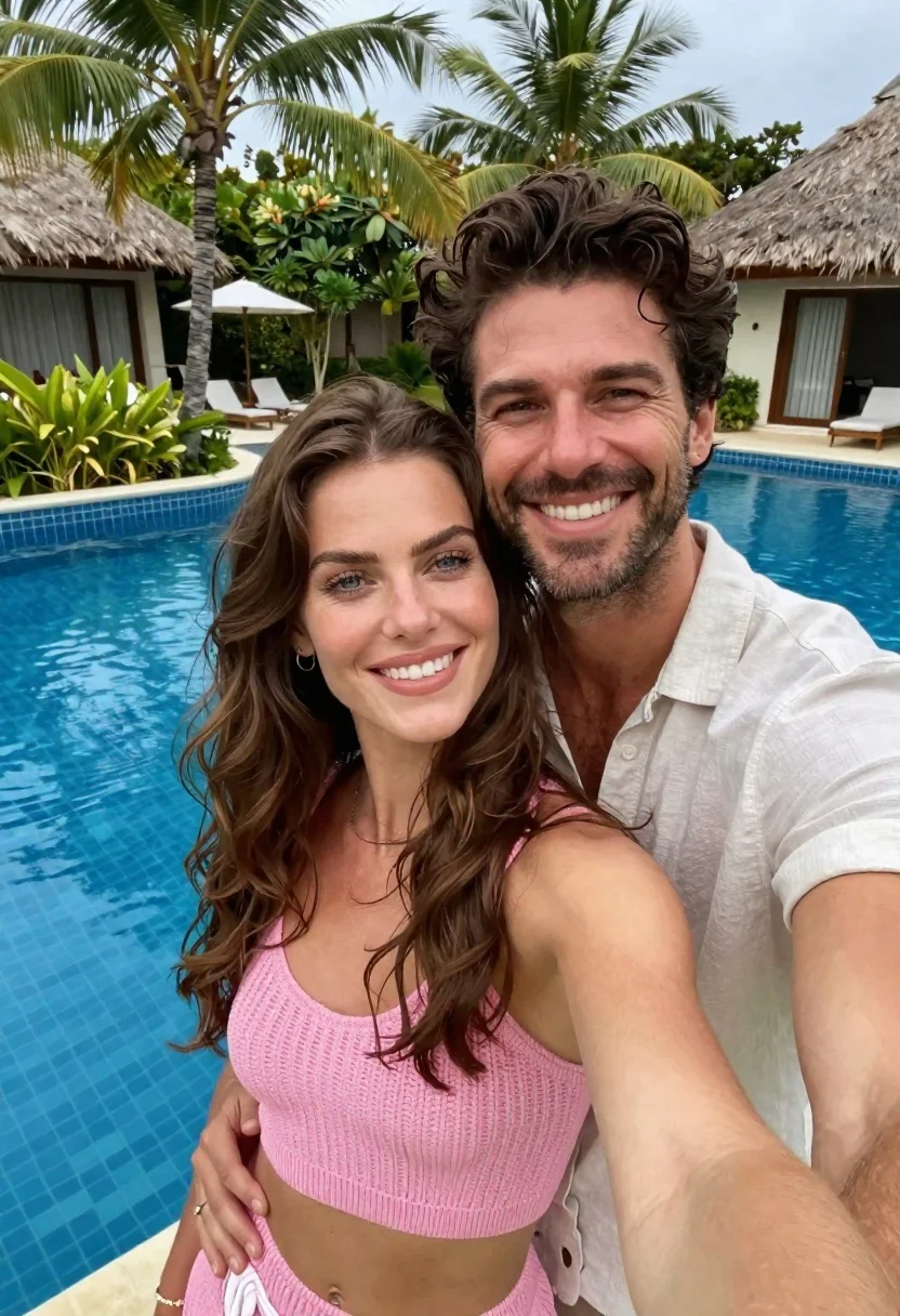 A happy couple taking a selfie by a swimming pool in a tropical resort, surrounded by lush scenery and bright sunlight.