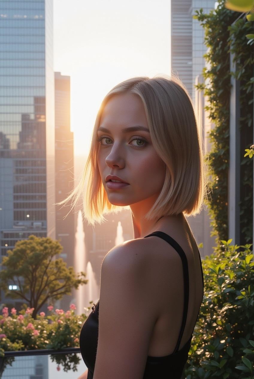 A portrait of a person with a bob haircut captured from behind, with strong golden hour backlight, urban terrace and lush greenery.