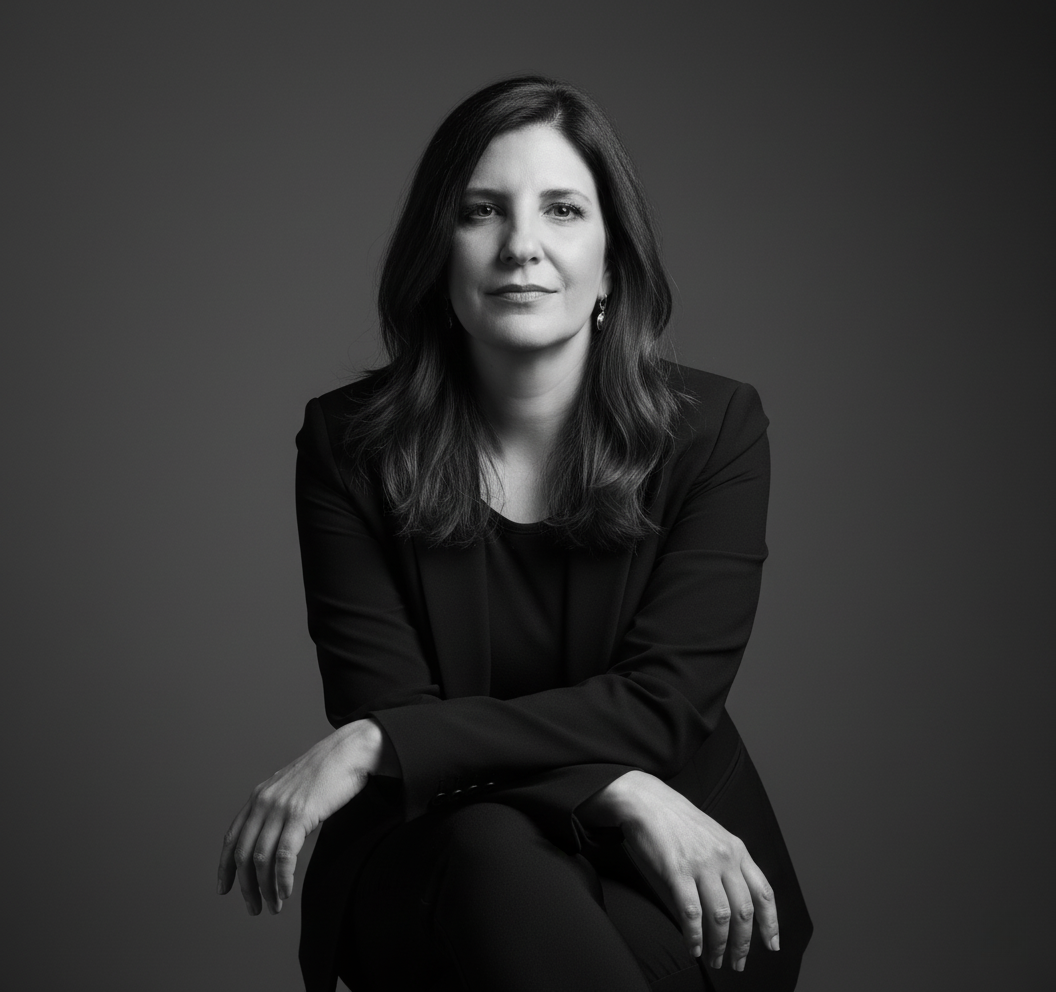 Retrato feminino de uma mulher elegante em preto e branco, com blazer preto e expressão confiante.