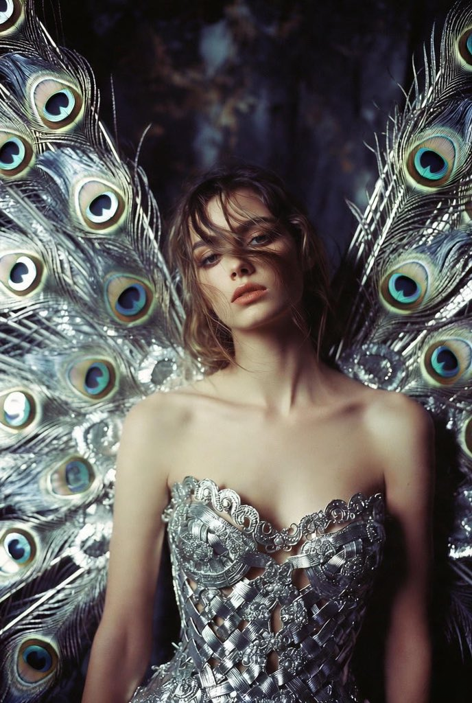 Surreal high-fashion portrait of a model wearing intricate silver filigree armor with a massive metallic peacock tail in a moody setting.