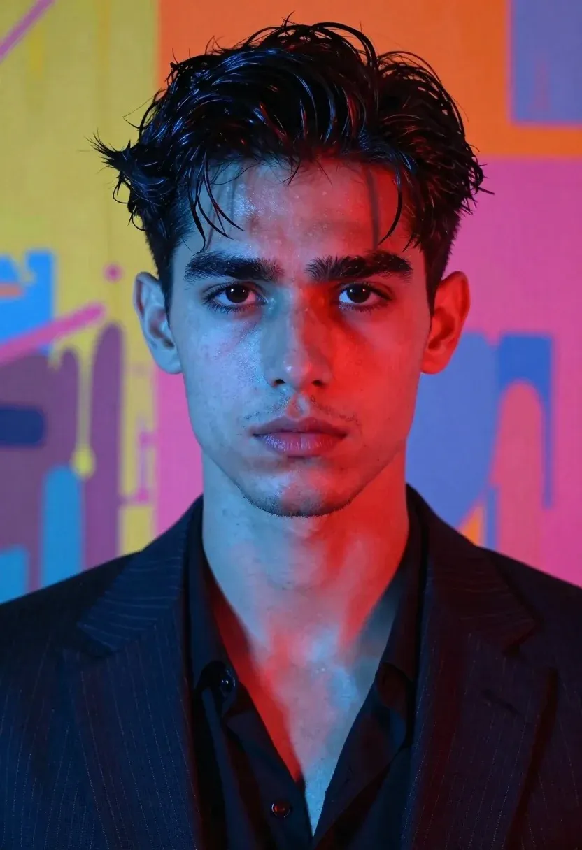 Striking Close-up Portrait Handsome Young Man With Dark Wet-looking Hair