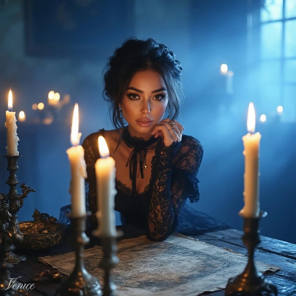 Atmospheric Portrait Dark Wood Table Taper Candles