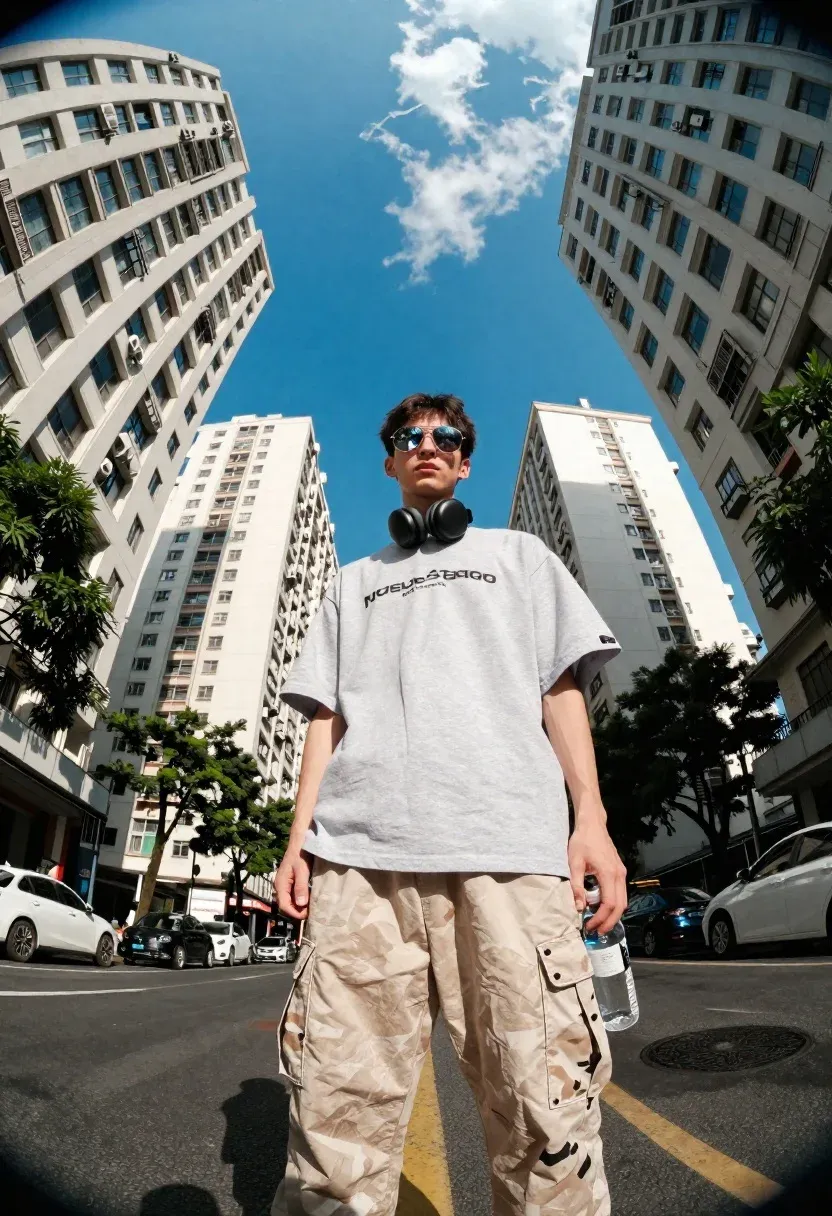 Wide-angle Low-angle Shot Young Man Standing Urban Street Surrounded Towering