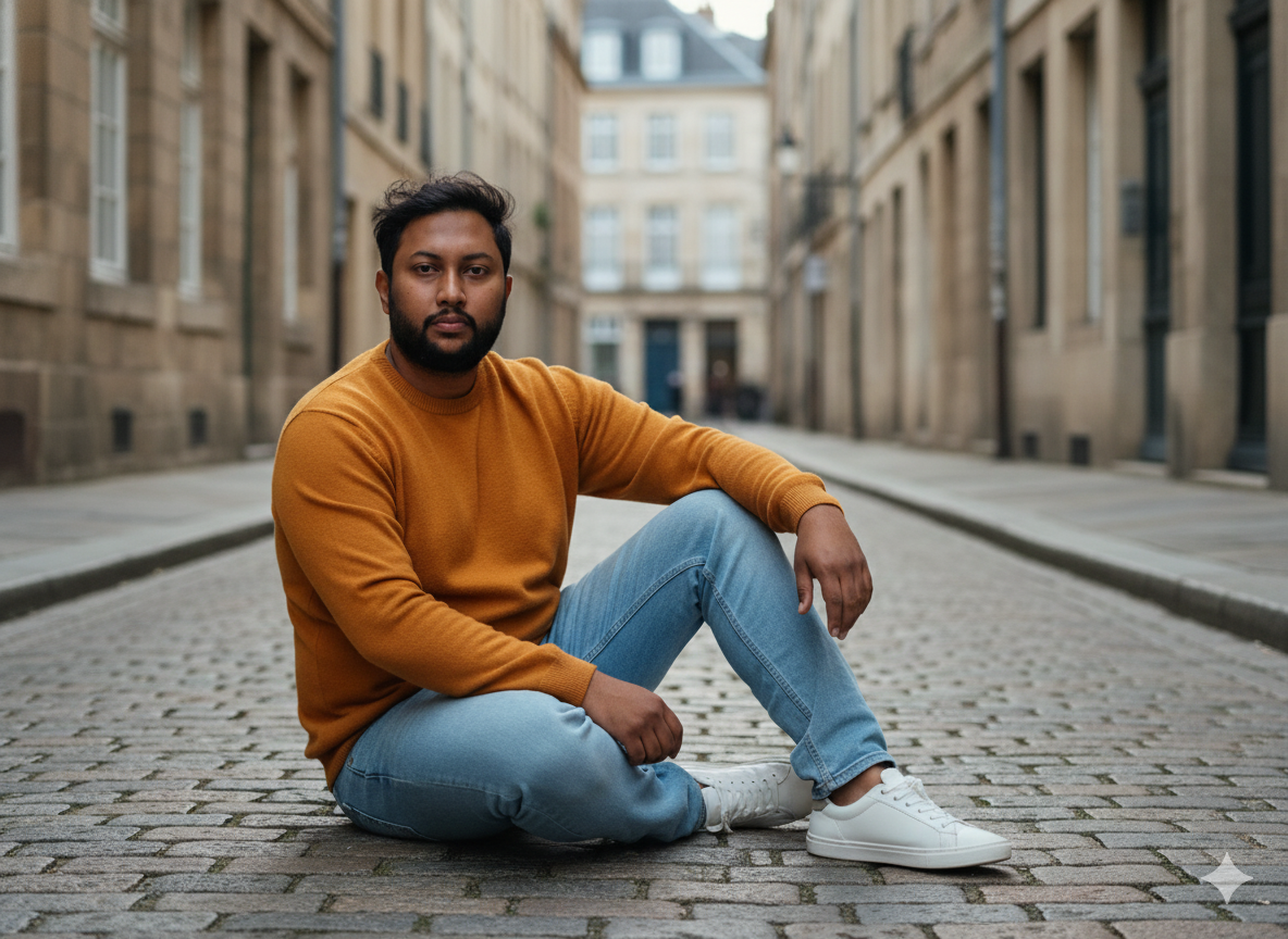 Man sitting on cobblestone street in mustard sweater and jeans, surrounded by classic stone buildings, exuding a relaxed and confident mood.