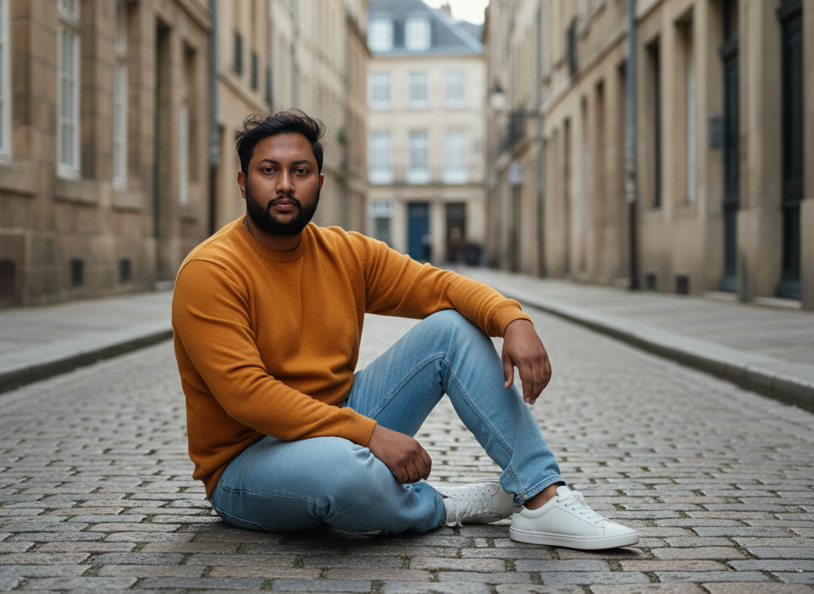 Man sitting on cobblestone street in mustard sweater and jeans, surrounded by classic stone buildings, exuding a relaxed and confident mood.
