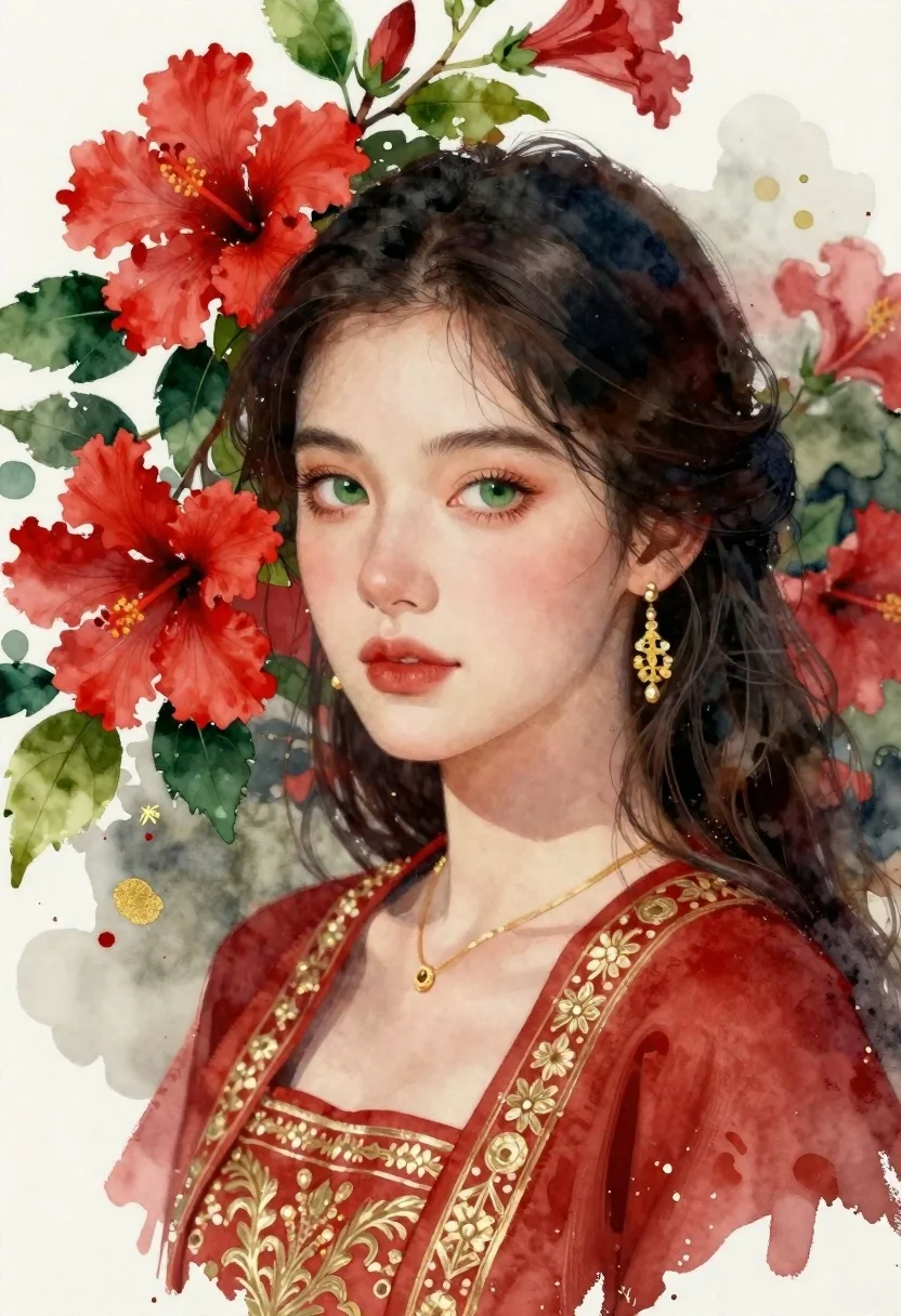 Portrait Young Woman With Dark Hair And Striking Green Eyes