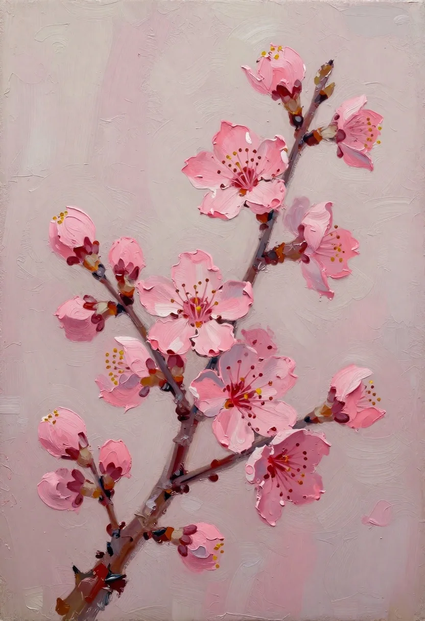 Oil Painting Pink Cherry Blossoms Dark Gnarled Branch Against Soft reference photo