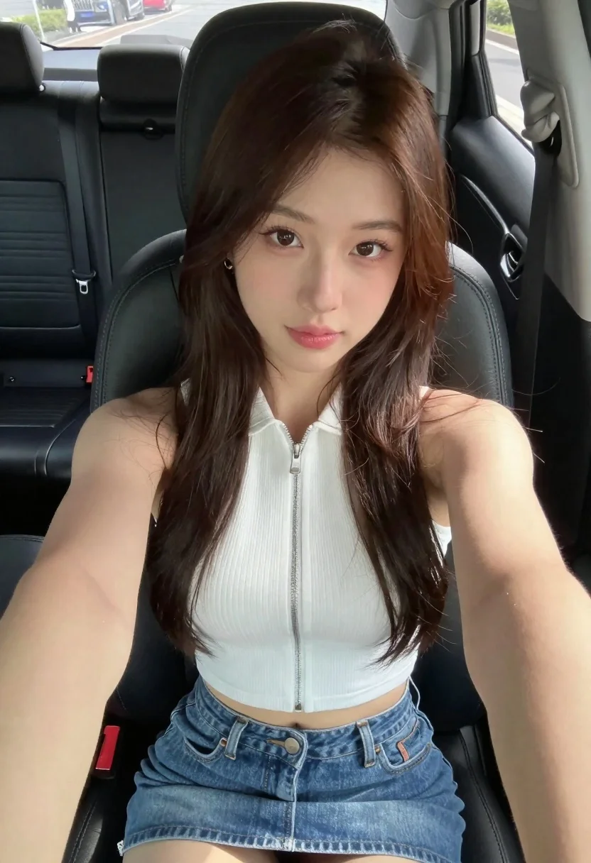 Young Woman With Long Brown Hair Takes Selfie From The reference photo