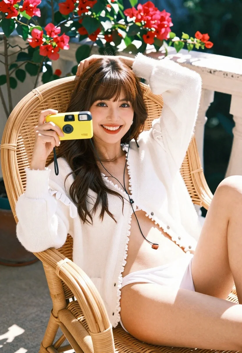 Smiling Woman With Bangs Reclines Large Wicker Chair Holding Yellow reference photo