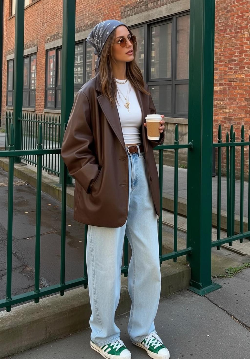 Brown Leather Blazer White Crop Top Urban Street Sidewalk Green