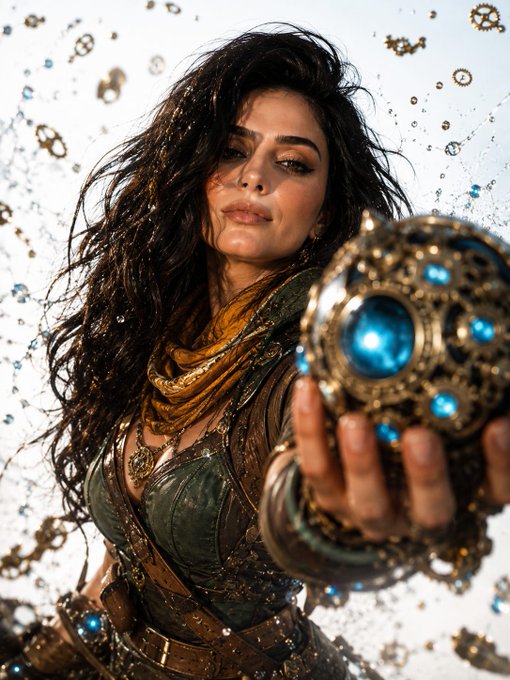 A steampunk woman in a dark green corset holds a glowing mechanical artifact, surrounded by floating gears and water droplets.
