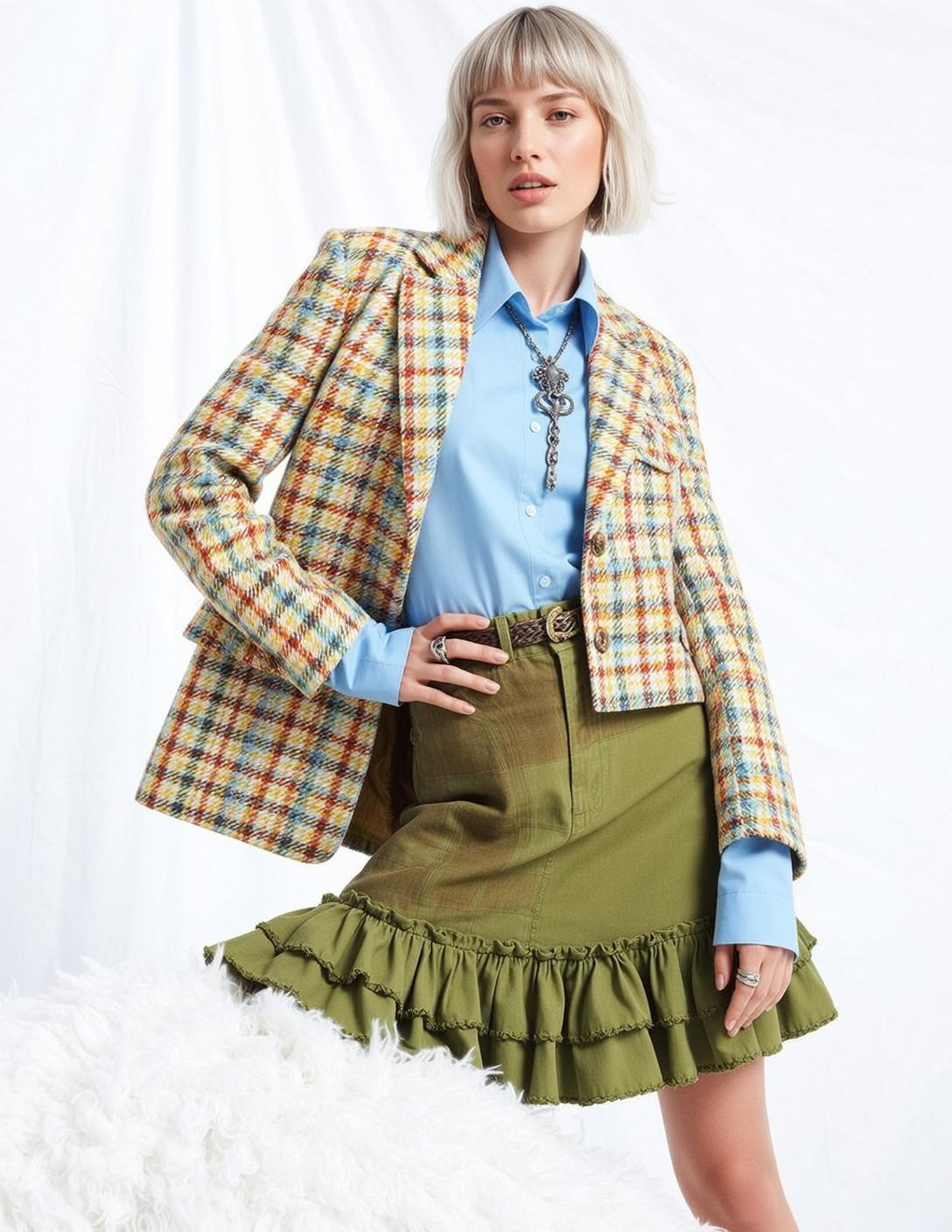 Plaid Blazer Ruffled Skirt