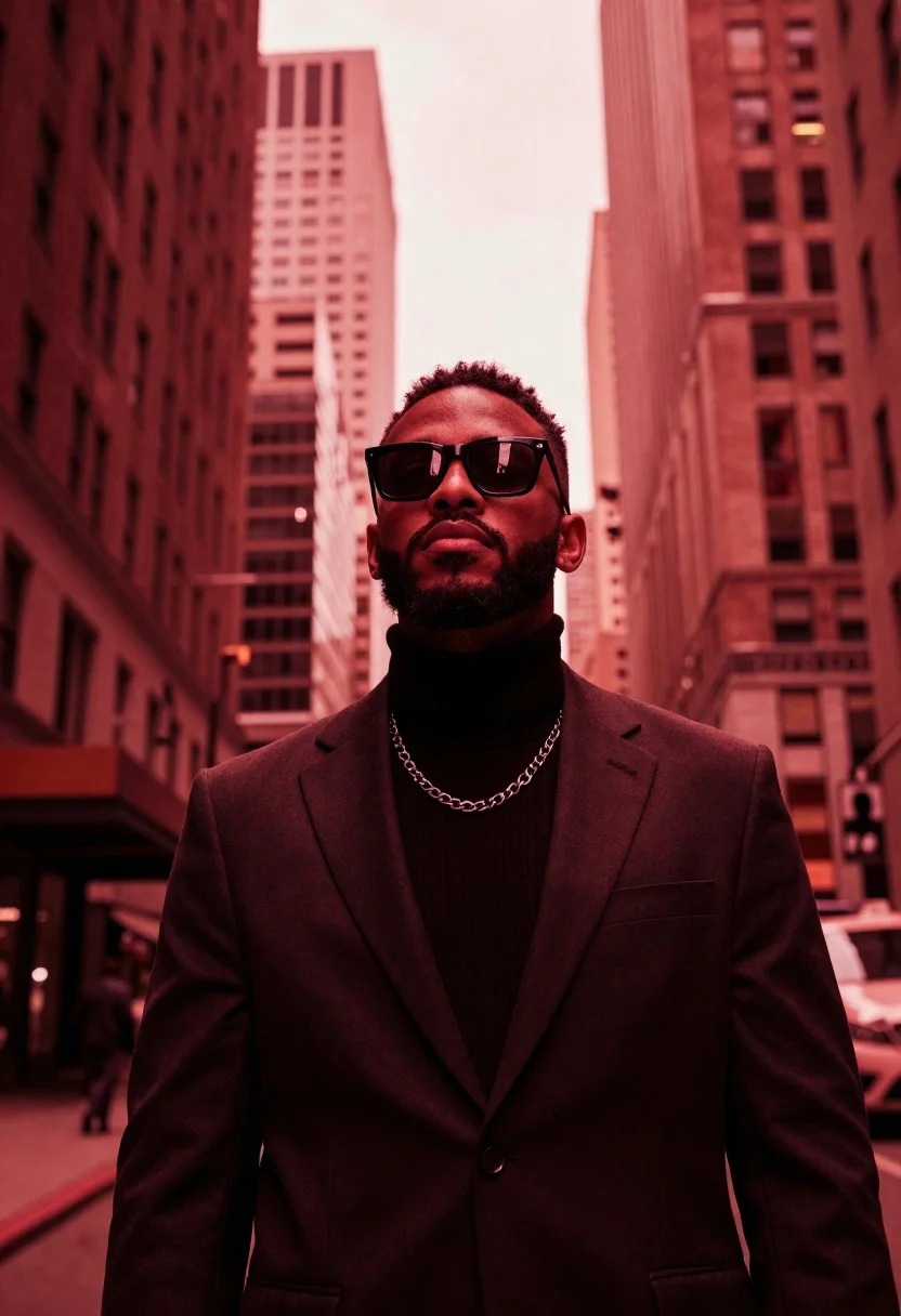 Low-angle Portrait Stylish Man Standing Urban Canyon Between Towering Skyscrapers reference photo