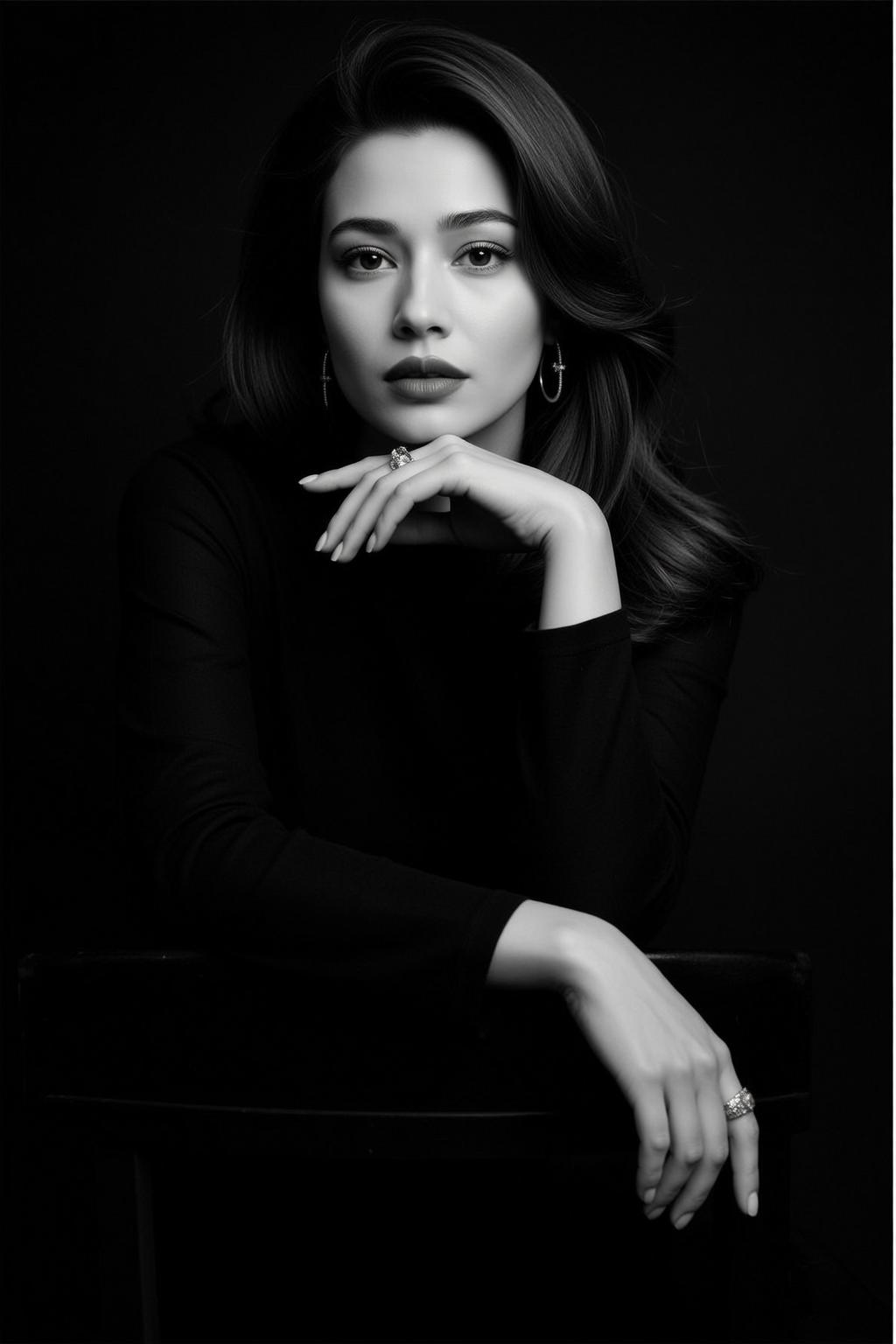 Medium Shot Black And White Photorealistic Portrait Young Woman With