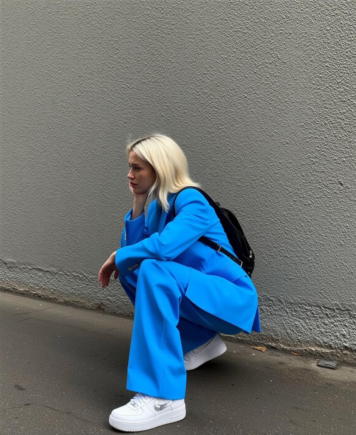 Electric Blue Suit Woman Crouched Low Backpack