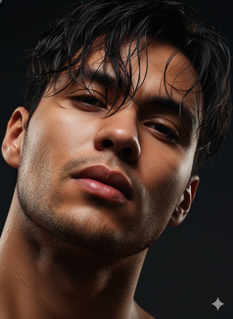 Retrato close-up de homem indonésio com pele oliva claro, barba leve, cabelo molhado, iluminado dramaticamente em fundo escuro.