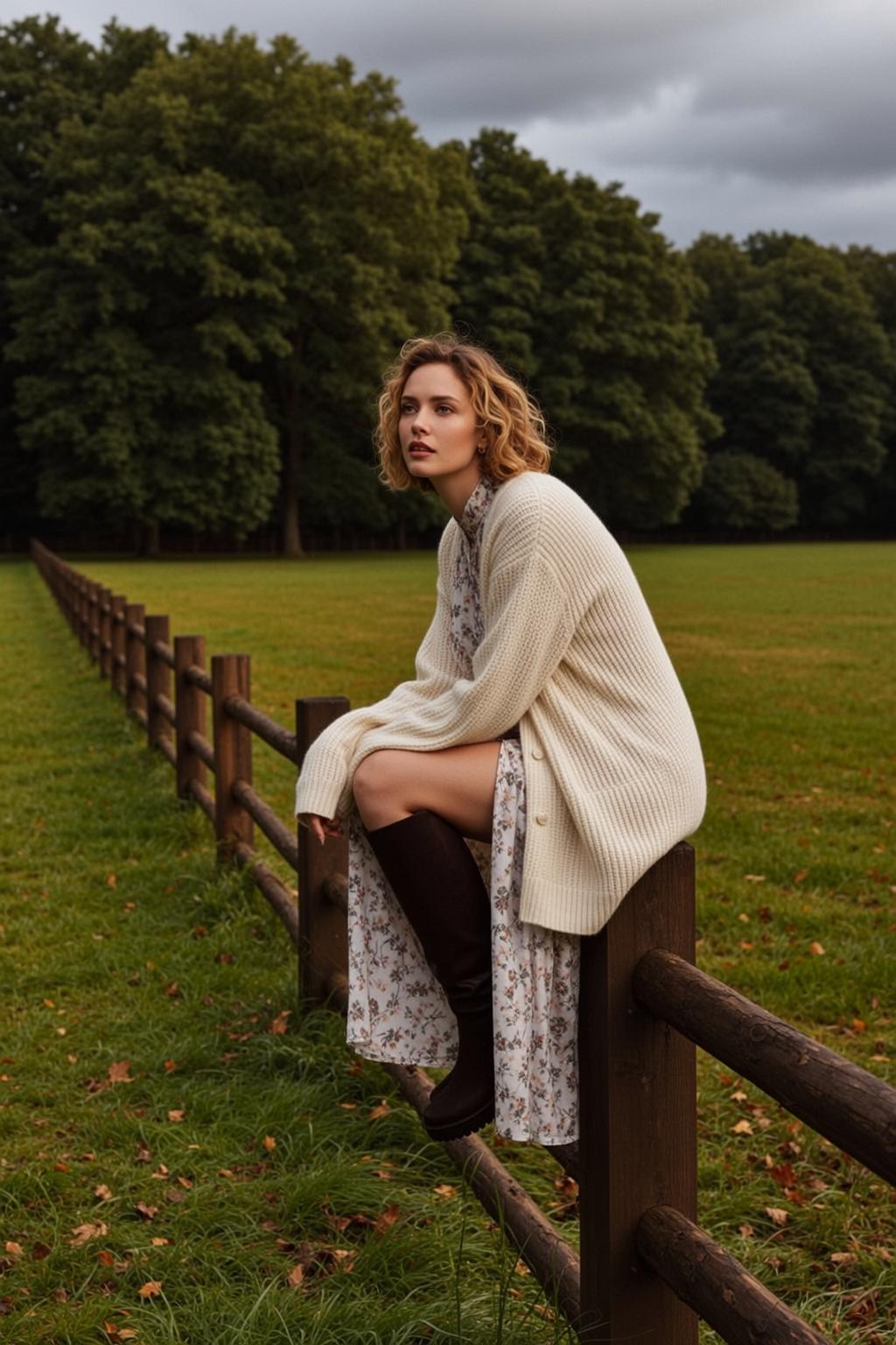 Autumn Seated Rustic Wooden Fence Her Body