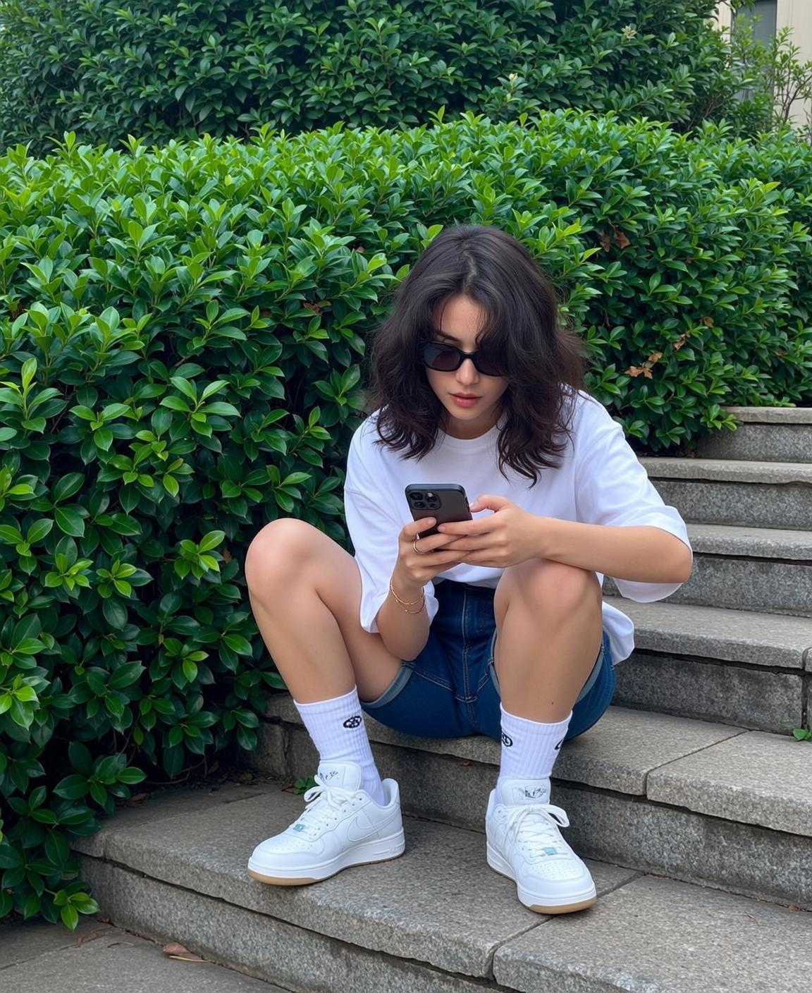 Explore Crouched Concrete Steps Looking Her Smartphone