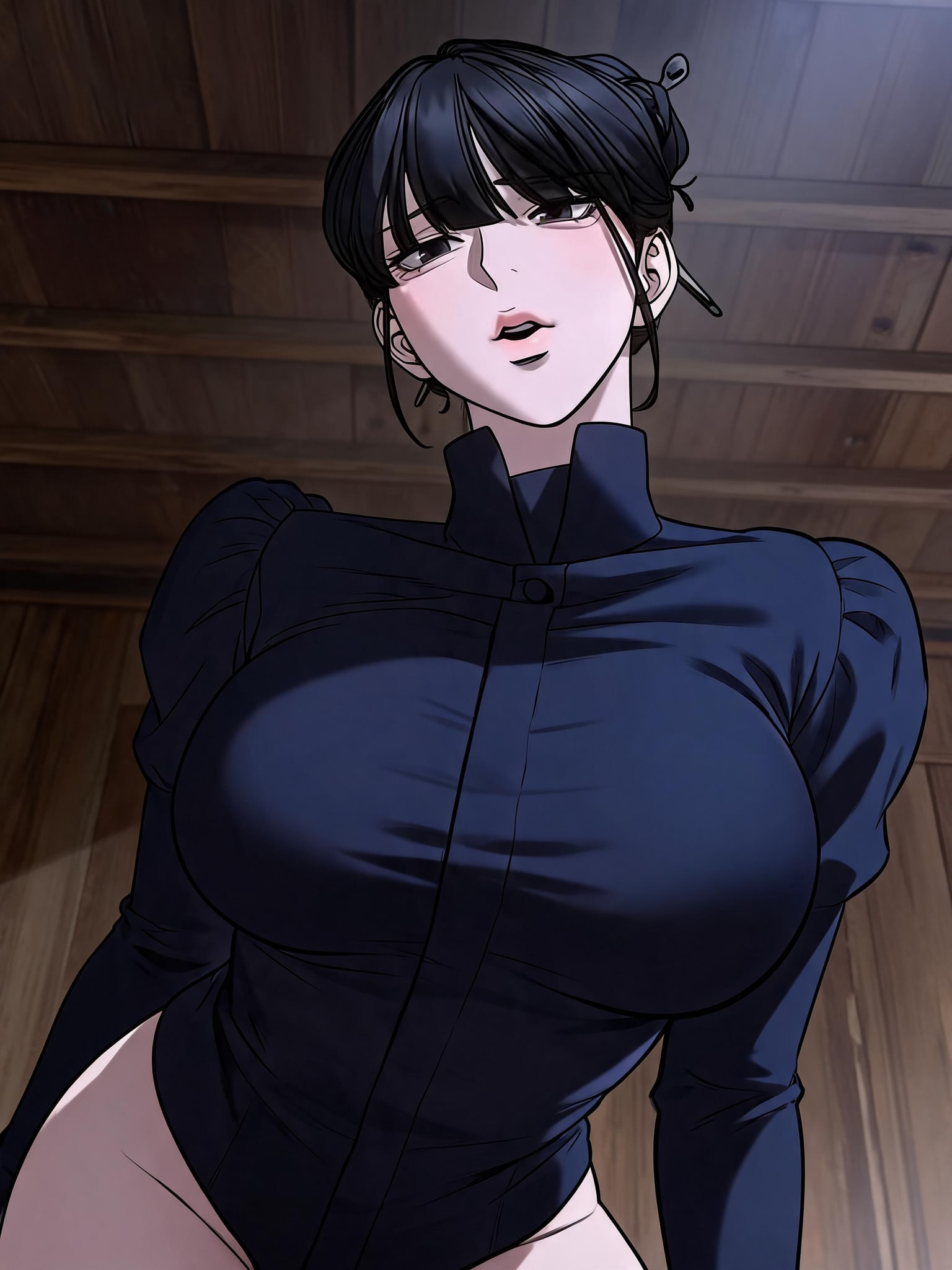 A seductive woman stands looking down, her figure highlighted by a low angle camera shot.