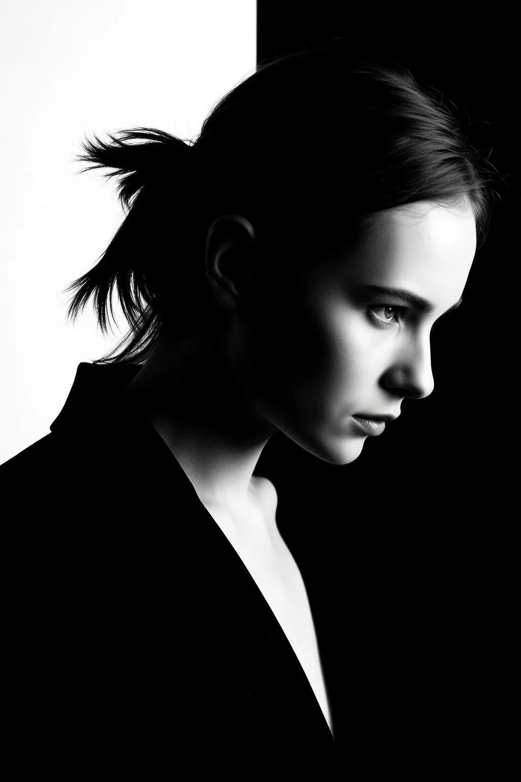 Photorealistic Portrait Young Woman Profile Looking Downwards With Pensive Expression