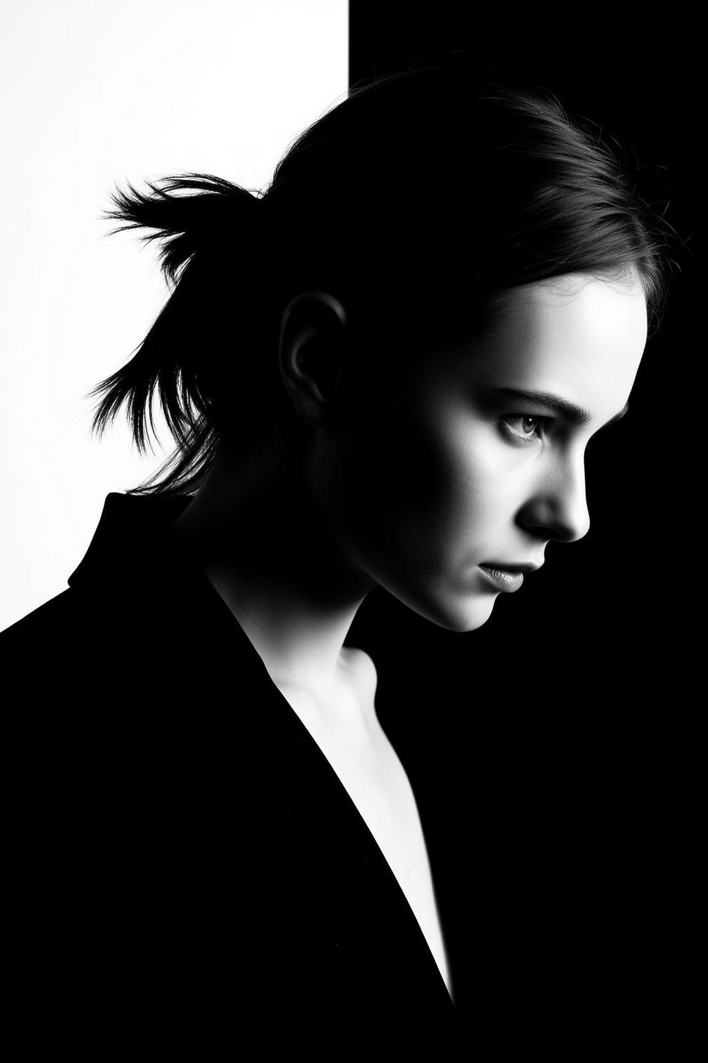 Photorealistic Portrait Young Woman Profile Looking Downwards With Pensive Expression