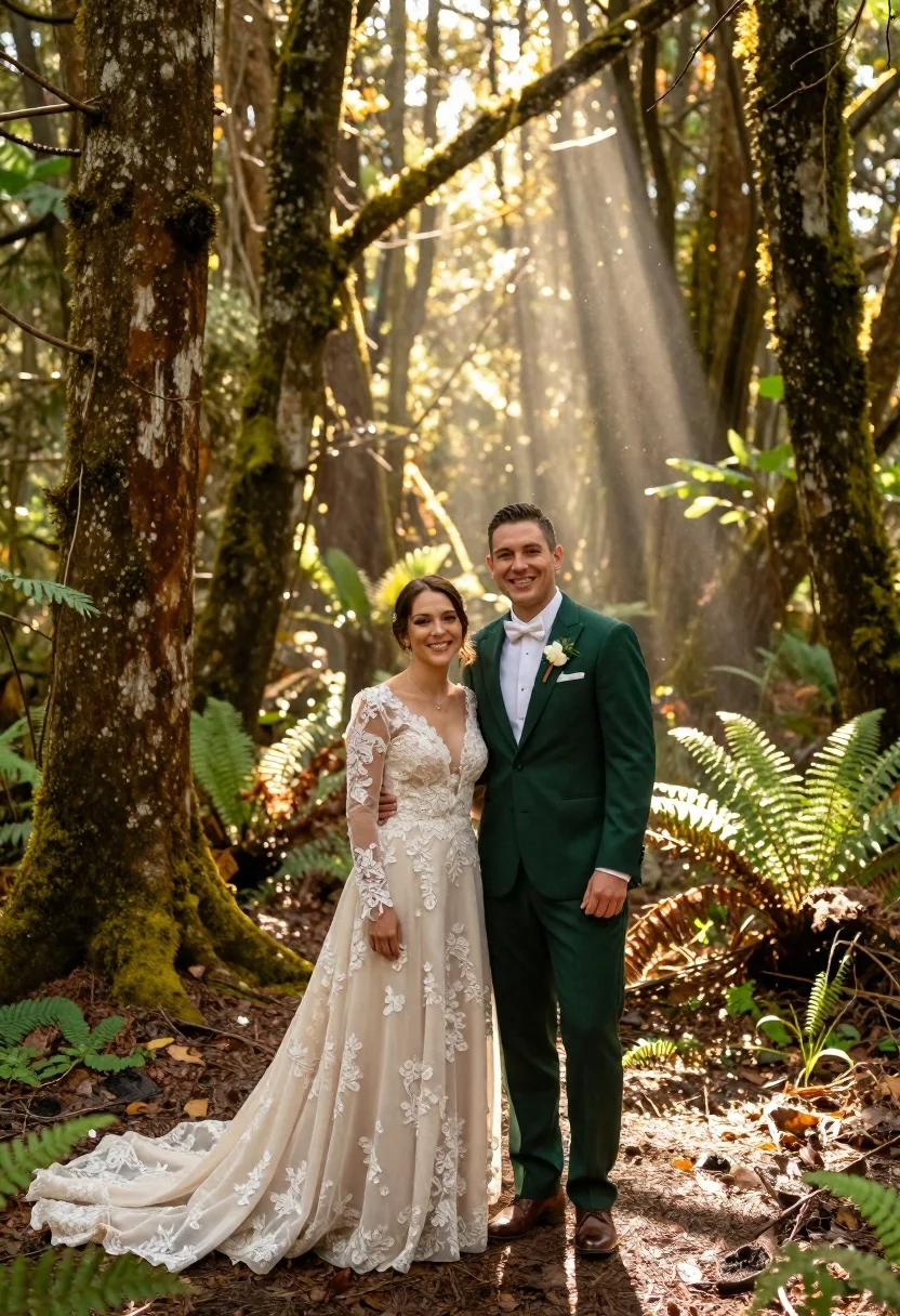 Full-length Portrait Happy Wedding Couple Standing Together Sun-dappled Forest Subject reference photo