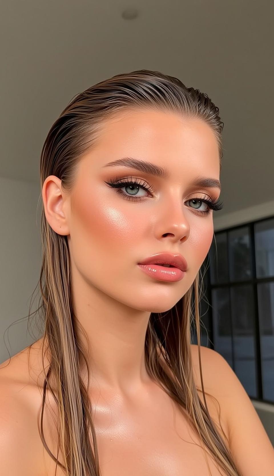 Makeup Close-up Shows Shoulders Her Head Slightly
