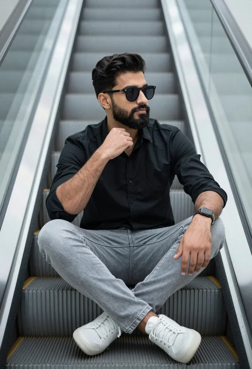 Man Sits Cross-legged The Steps Escalator Modern Urban Setting Subject
