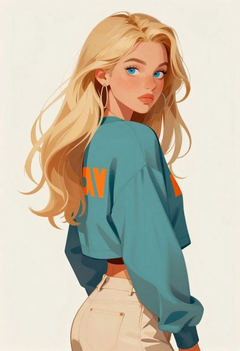 Digital Art Portrait Young Woman With Long Flowing Blonde Hair reference photo