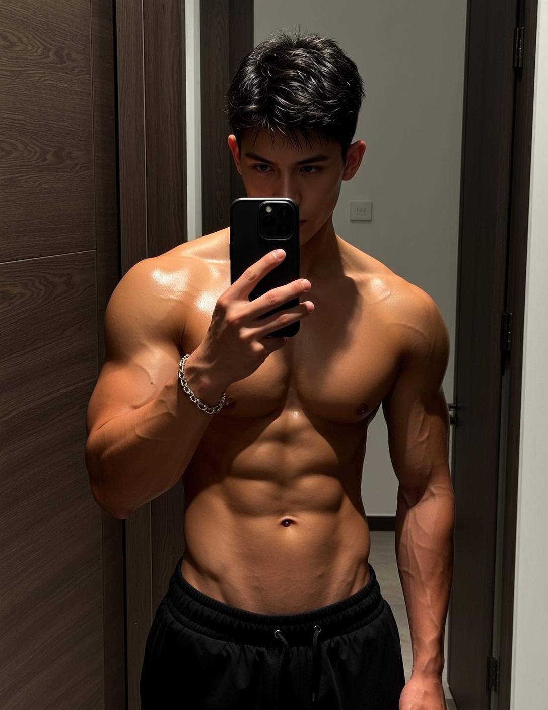 Muscular Short Black Hair Tan Skin Sweatpants