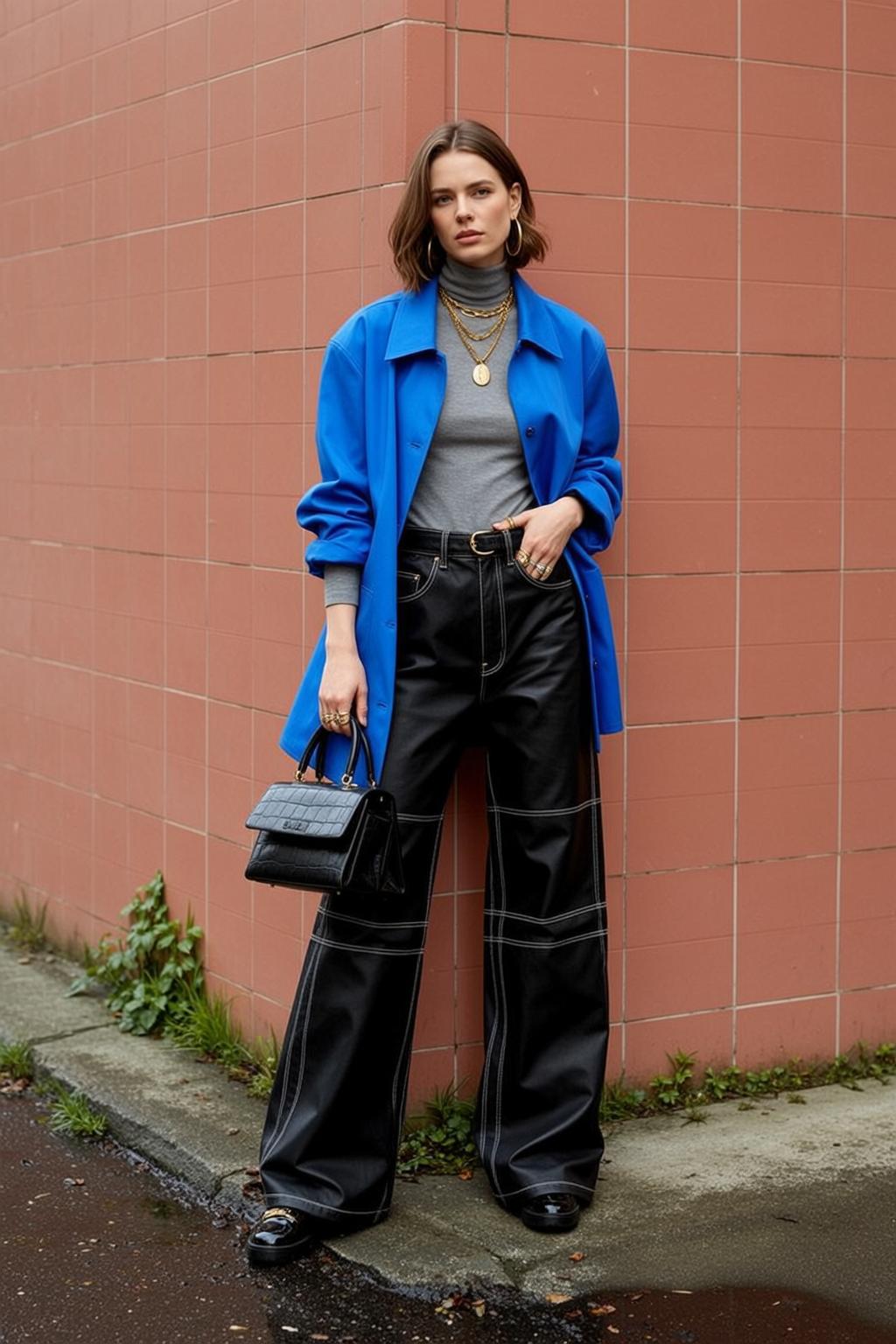 Royal Blue Jacket Black Pants Grid Stitch