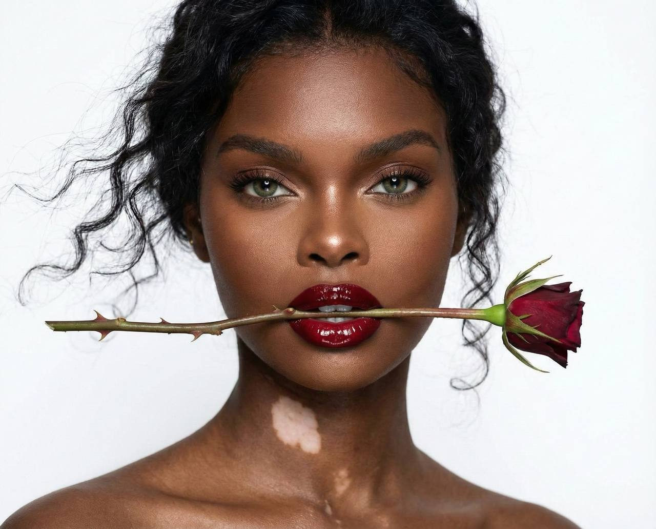 A powerful fashion portrait of a woman with tanned skin, bold red lips, and dramatic lighting, holding a rose stem.