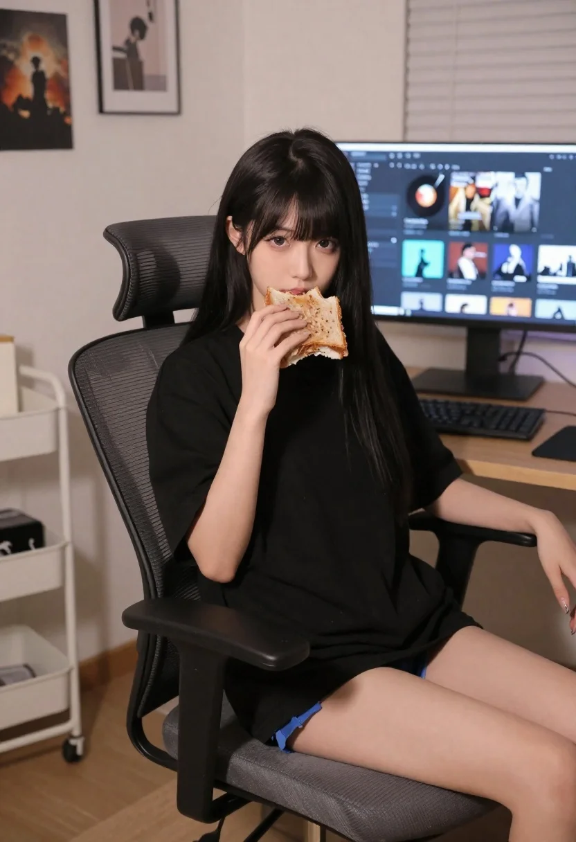 Young Woman With Long Black Hair And Bangs Sits High-back reference photo