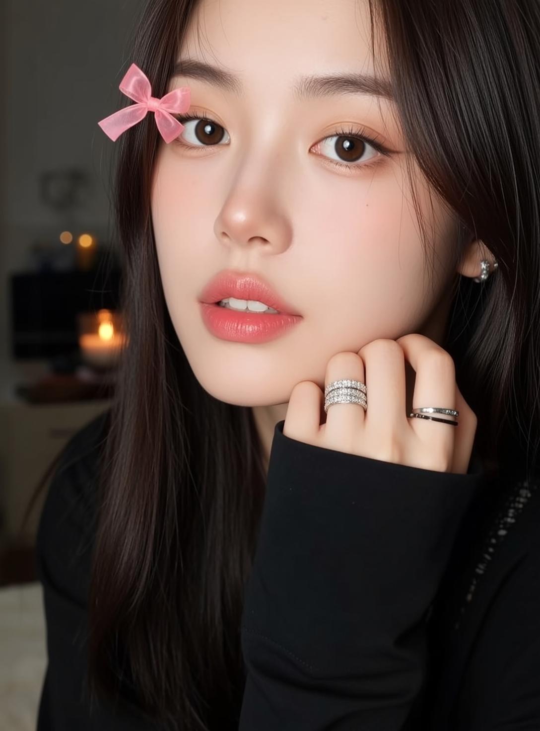 Woman Hand On Chin Dark Hair Rings