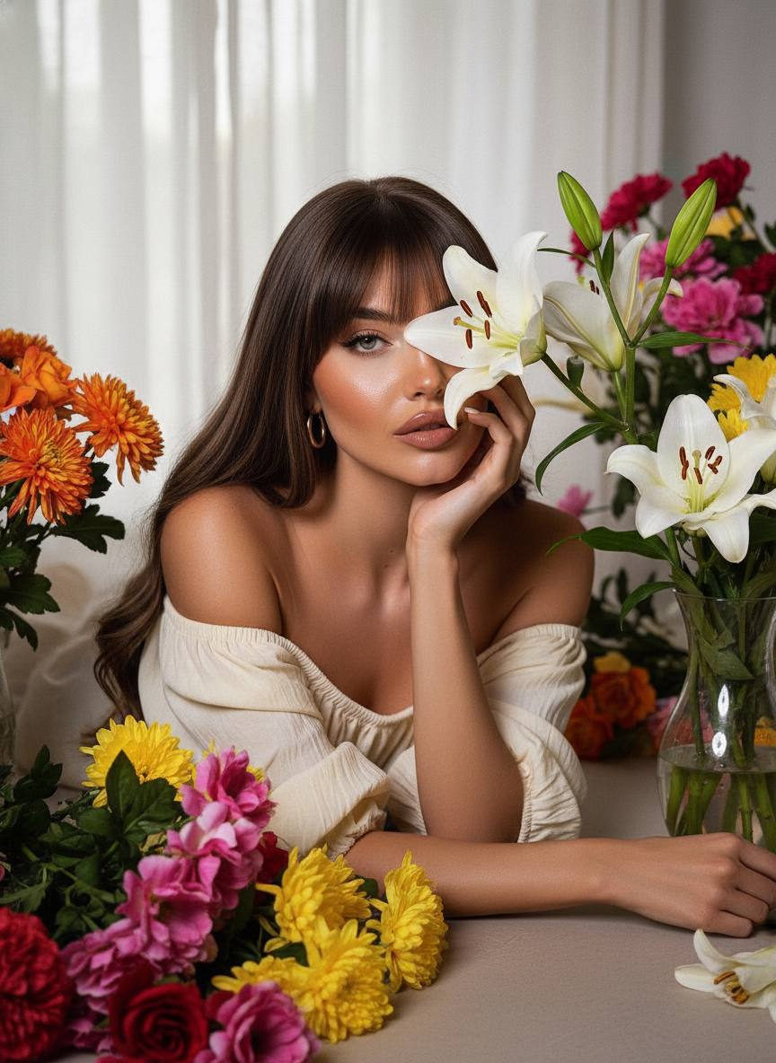 A woman with long dark hair resting on a neutral surface surrounded by colorful flowers, gazing softly into the camera.