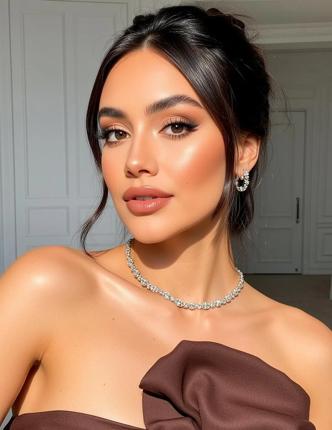 Makeup Photorealistic Young Dark Brown Hair Pulled