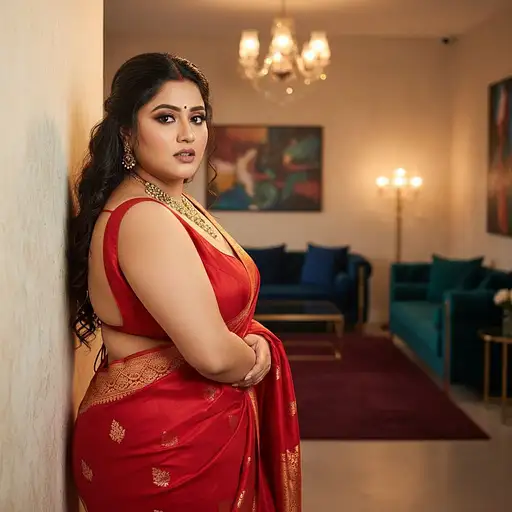 Beautiful Indian girl in elegant saree with long curly hair, displaying emotion in a modern photo room